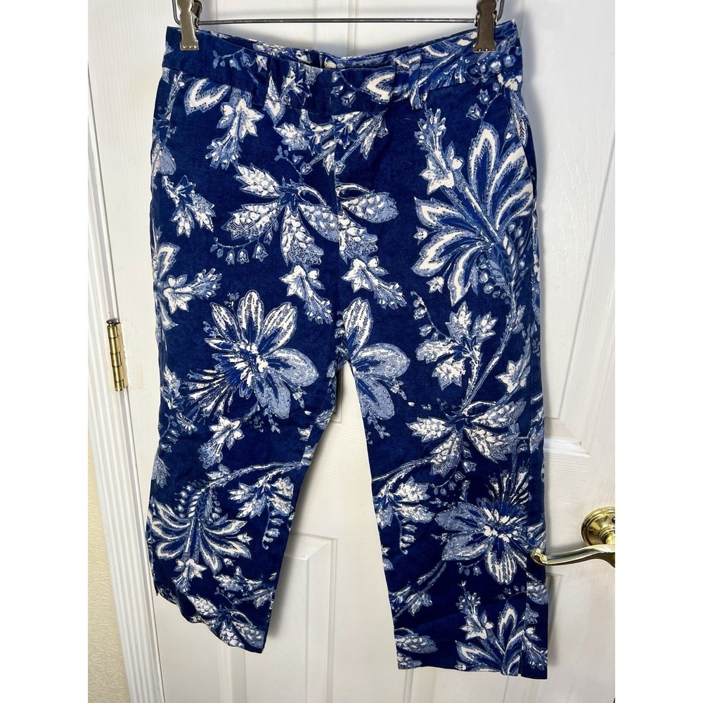 VTG Ralph Lauren Pants 4 Blue Floral Chino Trousers Crop Capri Stretch Coastal